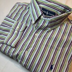 Vtg Mens Ralph Lauren Sz‎ L Colorful Stripes Button Down  Long Sleeve 90s